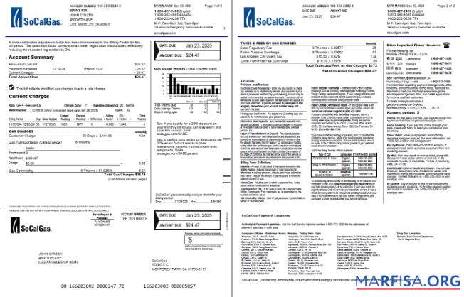Blank USA So Cal Gas utility bill template in Word and PDF formats, 2 pages, version 4